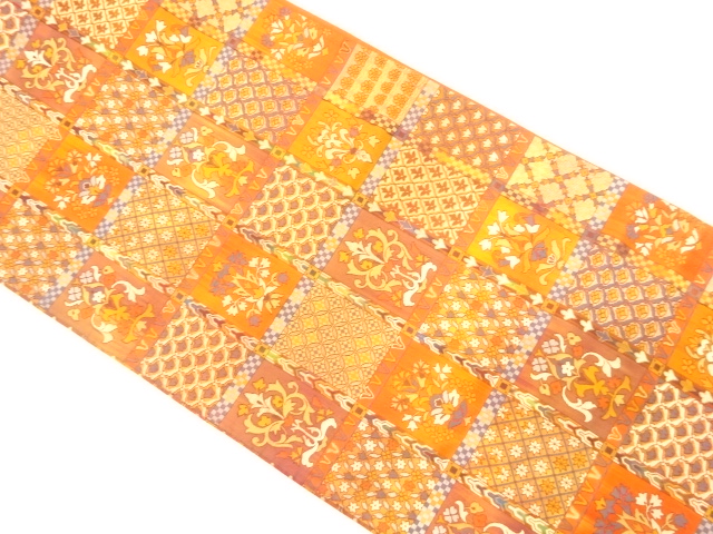 変わり格子に花更紗模様織り出し　袋帯